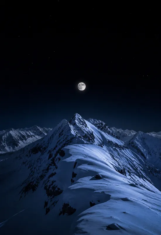 iPhone Duo alpine night wallpaper for the cover screen, A snowy alpine ridge at night, a clear sky, a low moon, and a faint blue glow on the snow. 1398x2034 px