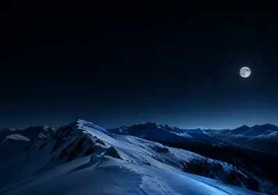 iPhone Duo alpine night wallpaper for the inner display, A snowy alpine ridge at night, a clear sky, a low moon, and a faint blue glow on the snow. 2670x1878 px