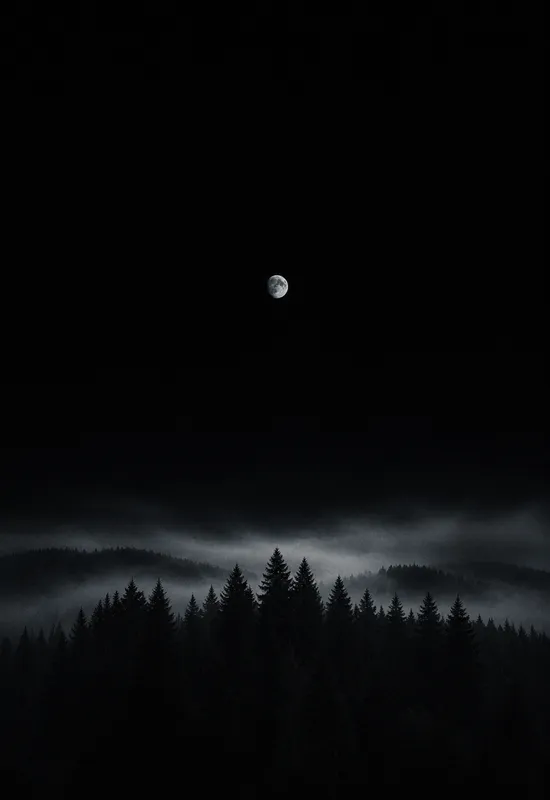 iPhone Duo AMOLED forest wallpaper for the cover screen, a near-black pine forest under a small moon with large pure-black areas, 1398x2034 px