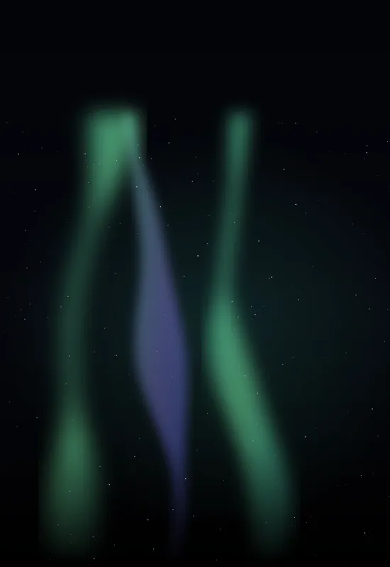 iPhone Duo aurora veil wallpaper for the cover screen, green and violet aurora ribbons over a true-black sky, with sparse stars, 1398x2034 px