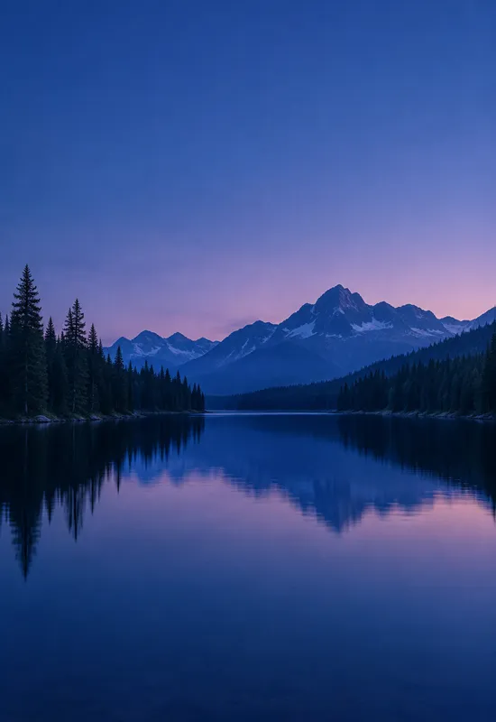 iPhone Duo blue hour lake wallpaper for the cover screen, a still alpine lake with dark pine silhouettes and a faint violet horizon, 1398x2034 px