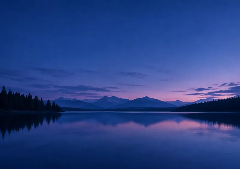 iPhone Duo blue hour lake wallpaper for the inner display, a wide still alpine lake with dark pine silhouettes and a faint violet horizon, 2670x1878 px