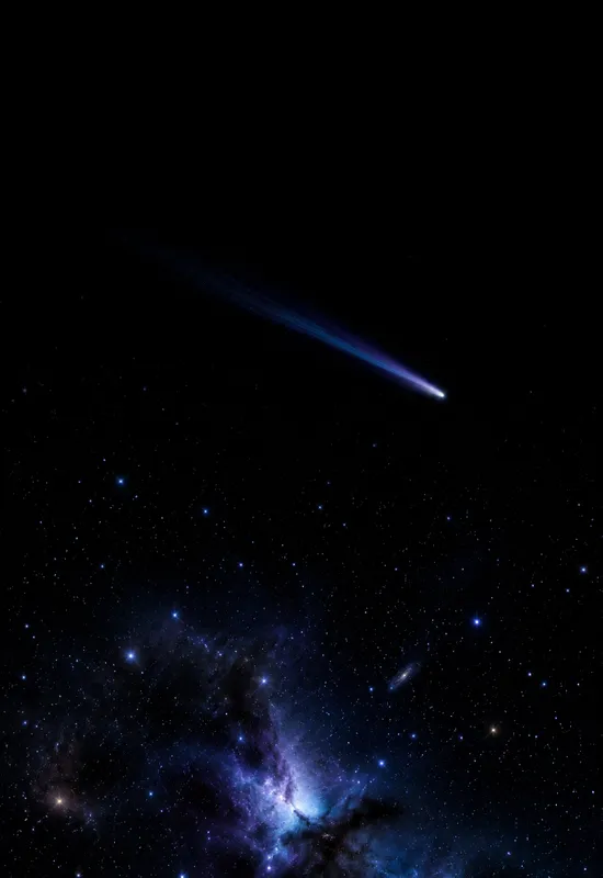 iPhone Duo comet trail wallpaper for the cover screen, A single comet trail across a true-black sky, a soft white head, and a faint blue-violet tail. 1398x2034 px