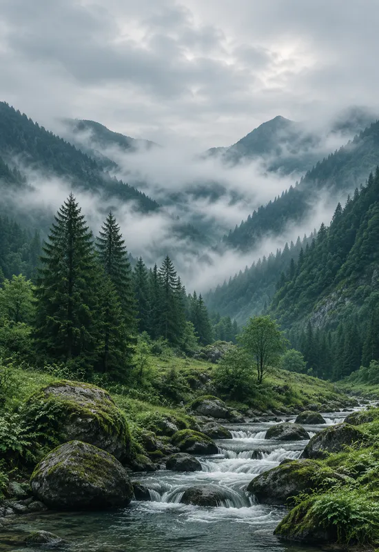 iPhone Duo emerald valley wallpaper for the cover screen, A deep green valley after rain, low clouds caught between forested ridges, and a soft silver sky. 1398x2034 px