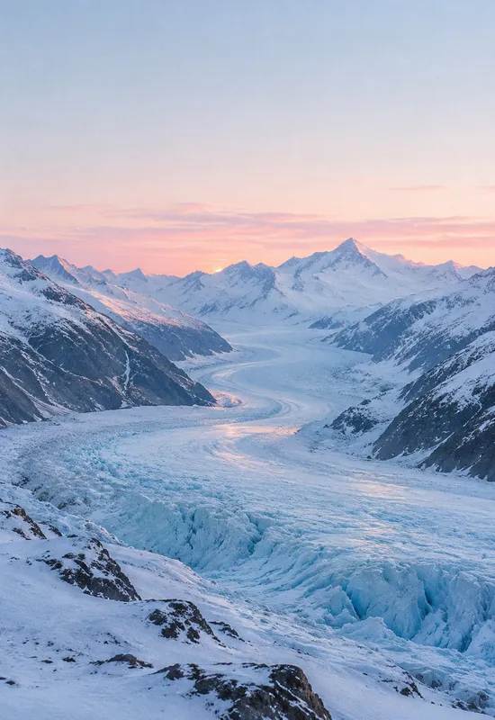 iPhone Duo glacier dawn wallpaper for the cover screen, A glacier valley at first light, pale blue ice, snow-covered ridges, and a thin rose horizon. 1398x2034 px