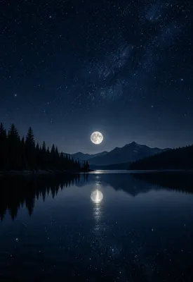 iPhone Duo midnight lake wallpaper for the cover screen, A still lake at midnight, a low moon, dark pine silhouettes, and a field of stars reflected in the water. 1398x2034 px