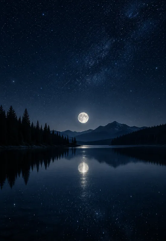 iPhone Duo midnight lake wallpaper for the cover screen, A still lake at midnight, a low moon, dark pine silhouettes, and a field of stars reflected in the water. 1398x2034 px