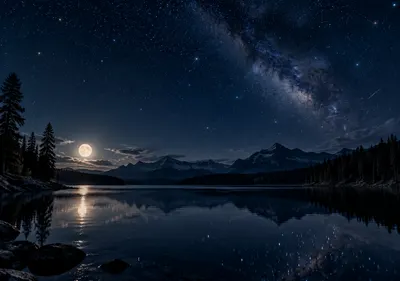 iPhone Duo midnight lake wallpaper for the inner display, A still lake at midnight, a low moon, dark pine silhouettes, and a field of stars reflected in the water. 2670x1878 px