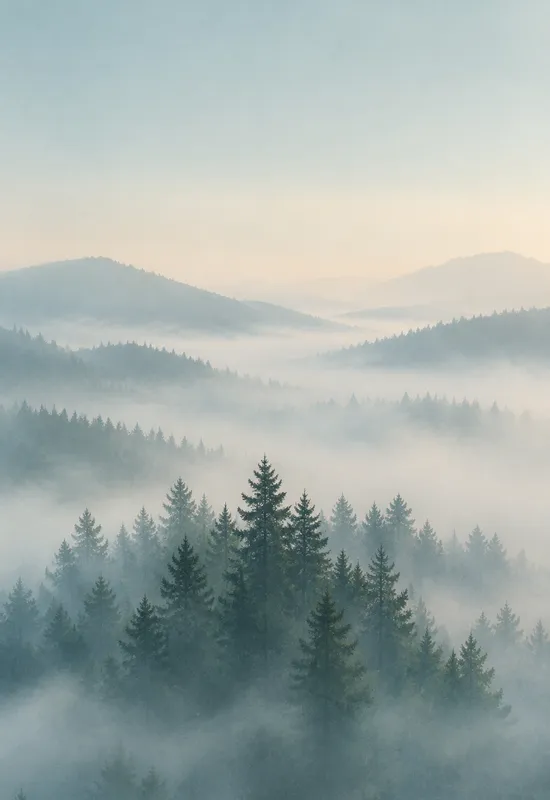 iPhone Duo misty pines wallpaper for the cover screen, layered pine silhouettes fading into soft morning fog, 1398x2034 px