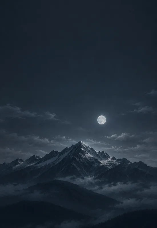 iPhone Duo moonlit ridge wallpaper for the cover screen, a dark mountain ridge under a low moon with a thin silver rim, 1398x2034 px