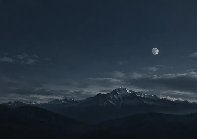 iPhone Duo moonlit ridge wallpaper for the inner display, a wide dark mountain ridge under a low moon with a thin silver rim, 2670x1878 px