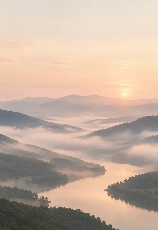 iPhone Duo pale dawn wallpaper for the cover screen, a soft cream and blush dawn over a misty valley, 1398x2034 px