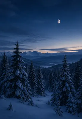 iPhone Duo winter pines wallpaper for the cover screen, A snow-covered pine forest at dusk, deep blue shadows, a faint moon, and a narrow band of pale sky. 1398x2034 px